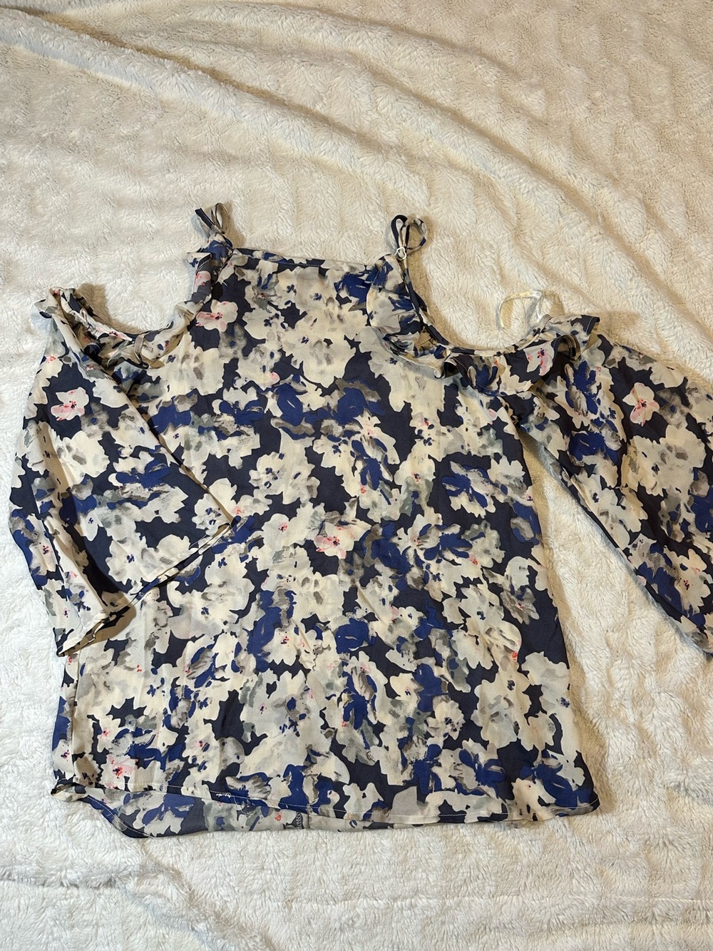 Navy and Cream Floral Cold-Shoulder Blouse